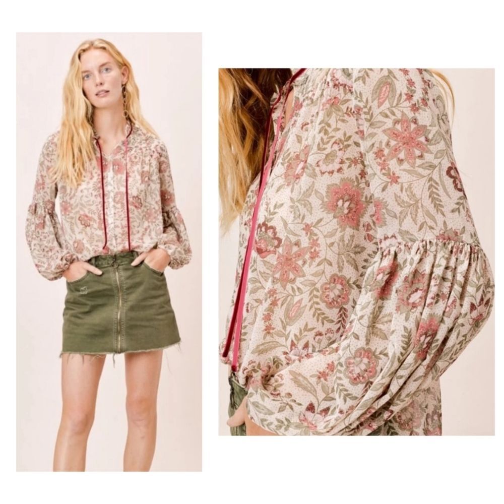 NWT|Lovestitch Sheer Boho Floral Lantern Sleeve Ruffle Blouse, SMALL